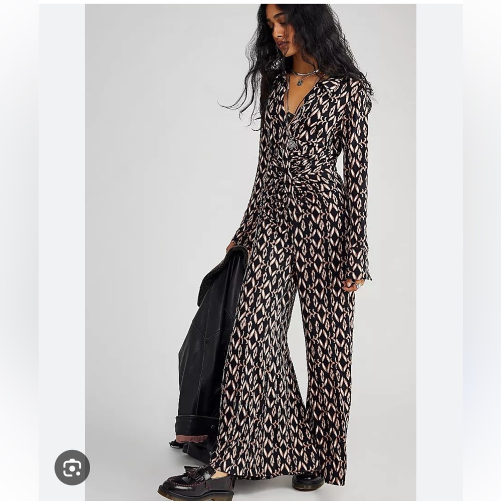 Free People SHAYLA LONG SLEEVE WIDE LEG JUMPSUIT IN BLACK COMBO